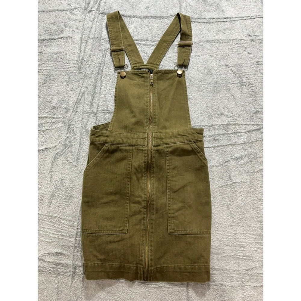 Forever 21 Olive Green Overall Dress Zip Front Utility Pinafore Mini S